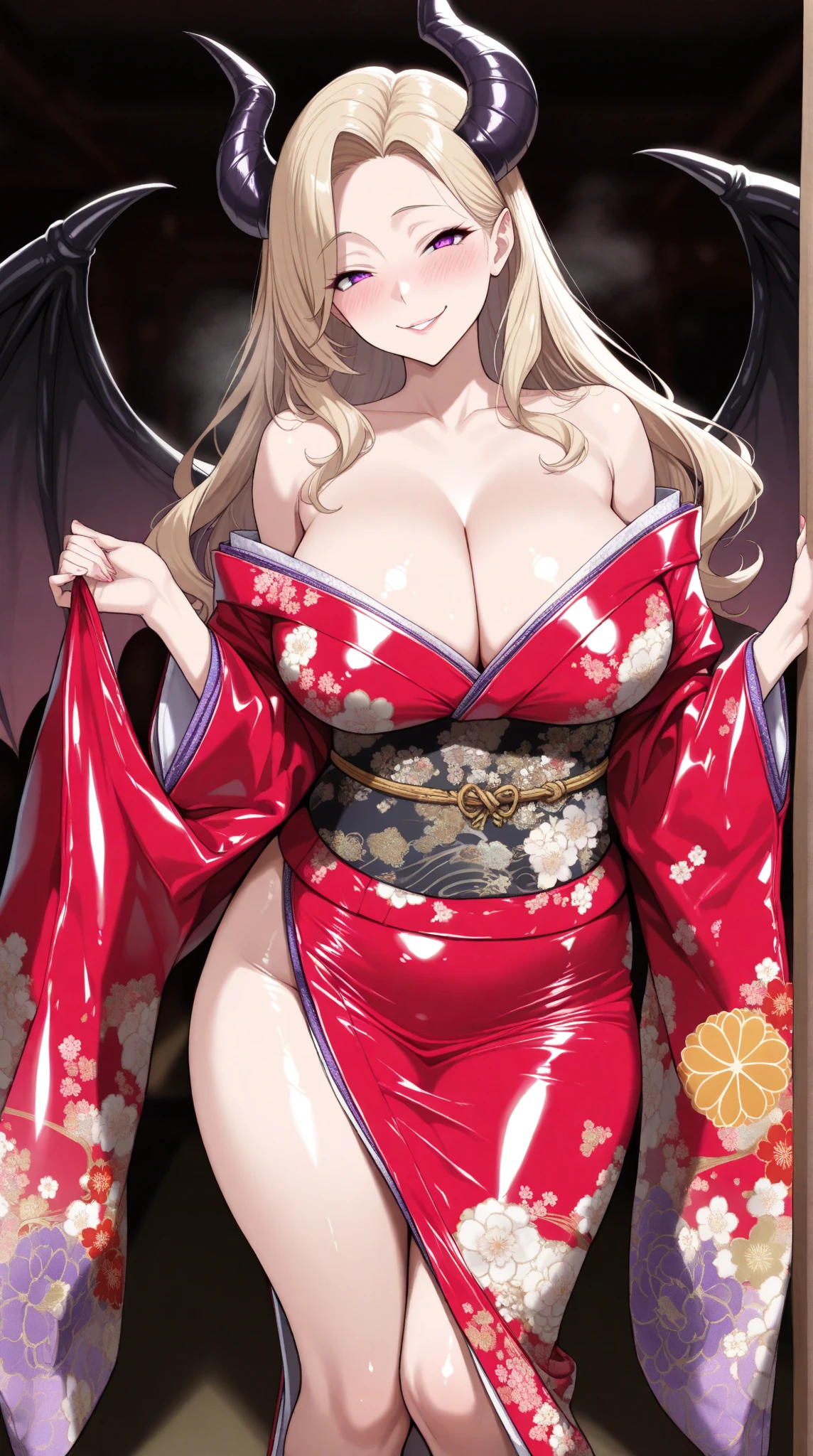 1 mature woman,(masterpiece, top quality, very detailed depiction, Incredibly Absurd High Resolution ,),(Devil horns,Devil&#39;s Wings:1.3),(Succubus wearing kimono , evil , Beautifully Detailed Brightly Colored Kimono ,Highly detailed embroidery, very shiny wrinkled clothes ,High quality skin,Reflective fabric),( long silvery hair ,魅力的な Perfect Female Proportions , enchanting smile, cleavage in years, Perfect Female Proportions , curvy , Girls with Extremely Beautiful and Detailed Faces ,face focus,( evil な笑顔, Sadistic , erotic,Seductive eyes:1.3, purple eyes),( provocative,Enchanted, fascinated , excited, naughty face :1.2),blush, Super beautiful detailed backgrounds ,Sexy cutout, break 「 Happy New Year」 in a shiny latex dress {x}:1.5,「 Happy New Year」Character:1.5