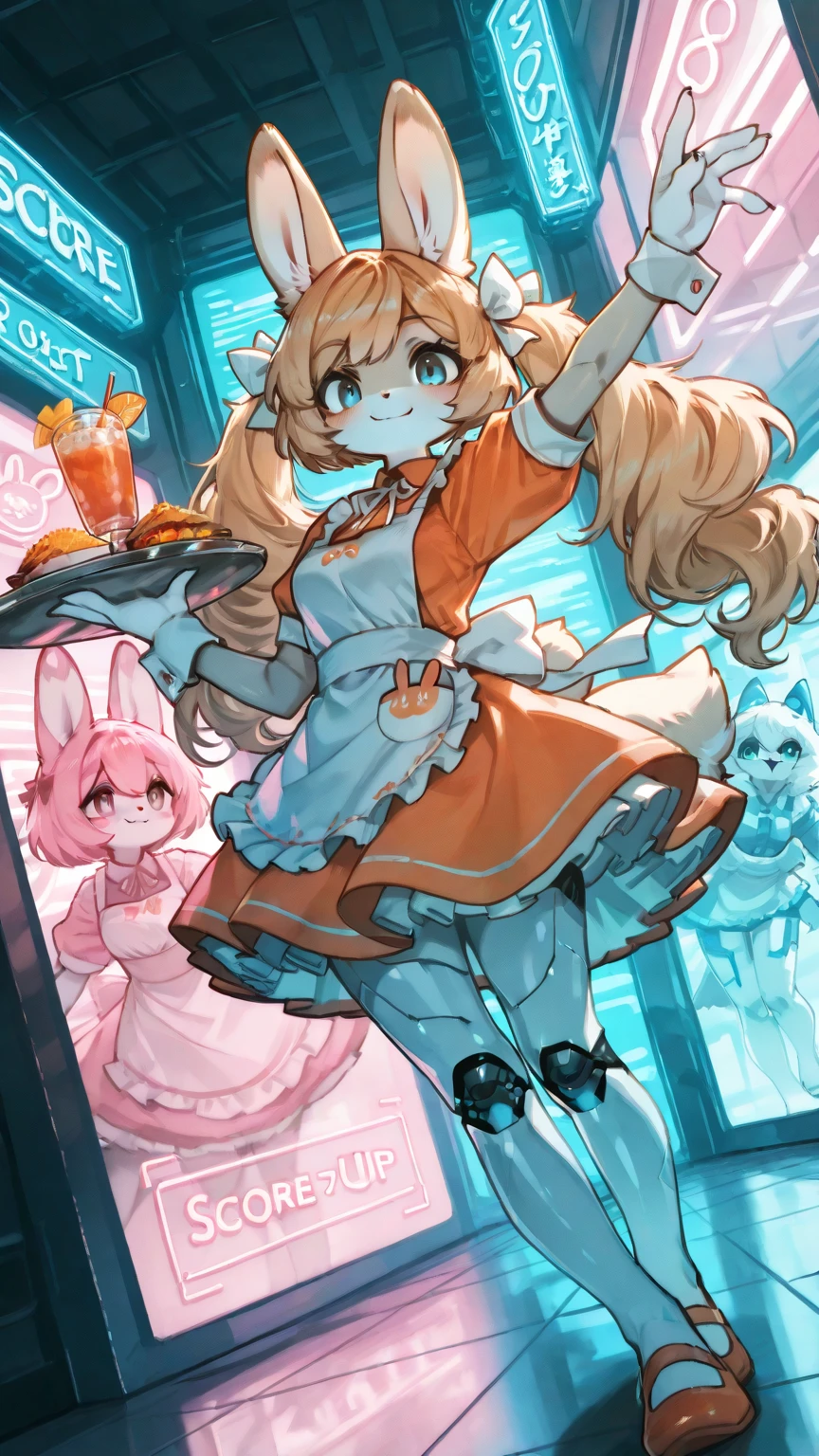 1girl,\((anthropomorphic rabbit, furry, kemono:1.3),(fluffy body), Virtual waitress, hologram waitress, white ribbon, apron, Attractive smile,cute smile, greeting viewer, holding tray, cheerful, cyborg style, cyborg, android,cute pose,dynamic pose,(dynamic action:1.4)\), background\(cute fastfood restaurant\(futuristic design, girly concept design, neon lights, digital menu, pink, blue, white, glass reflection, metal reflection, advanced technology\).(dynamic angle:1.3),dutch angle, masterpiece, best quality