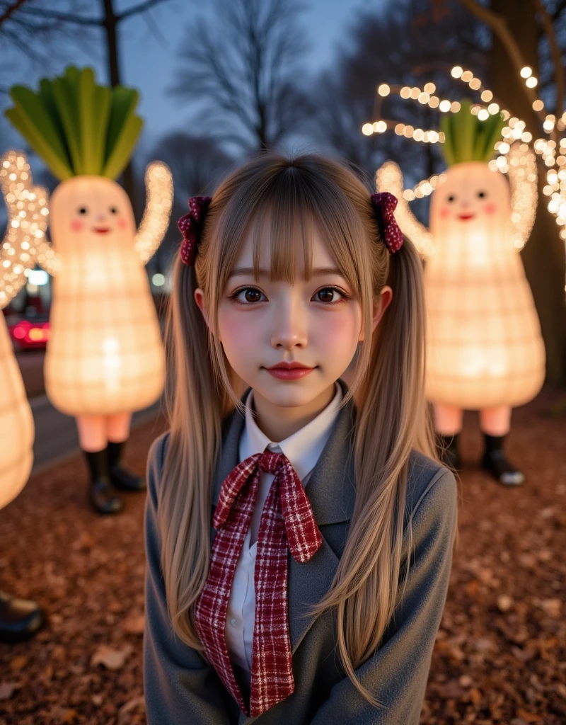 ultra-realistic, photorealistic, dramatic scene, shadow, global-illumination, solo, (teenage Japanese famous idol girl), very beautiful fragile Japanese girl, very beautiful with very cute but boyish cool face, (very large breasts), slim waist, (wearing a gray colored Japanese high school cute uniform of white shirt with blazer and skirt), (red ribbon), (stylish winter coat), (cute checked red woolen scarf), (glove), (She is wearing dark navy tights), (very large breasts), upper body shot, (She is standing and looking at the Daikon Character-Themed Electrical Parade at the amusement park), daikon\(cute, medium long, very large, chubby, white daikon radish character, green leaves on the top, smiled simple cute face, short hands and foot\), (A lively and fun daikon parade with glittering lights and many daikon radish characters on the float), (The floats in the daikon radish Electrical Parade were beautifully decorated with lights), (at night), A few autumn leaves can be seen among the leafless trees, she looks so happy, happy smile, professional lighting,