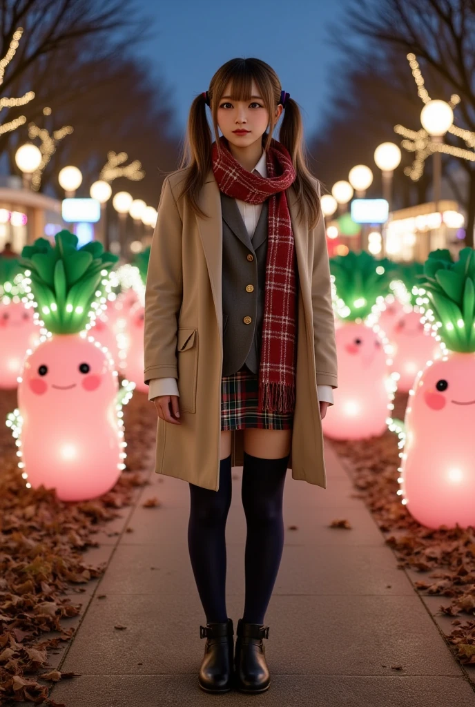 ultra-realistic, photorealistic, dramatic scene, shadow, global-illumination, solo, (teenage Japanese famous idol girl), very beautiful fragile Japanese girl, very beautiful with very cute but boyish cool face, (very large breasts), slim waist, (wearing a gray colored Japanese high school cute uniform of white shirt with blazer and skirt), (red ribbon), (stylish winter coat), (cute checked red woolen scarf), (glove), (She is wearing dark navy tights), (very large breasts), upper body shot, (She is standing and looking at the Daikon Character-Themed Electrical Parade at the amusement park), daikon\(cute, medium long, very large, chubby, white daikon radish character, green leaves on the top, smiled simple cute face, short hands and foot\), (A lively and fun daikon parade with glittering lights and many daikon radish characters on the float), (The floats in the daikon radish Electrical Parade were beautifully decorated with lights), (at night), A few autumn leaves can be seen among the leafless trees, she looks so happy, happy smile, professional lighting,