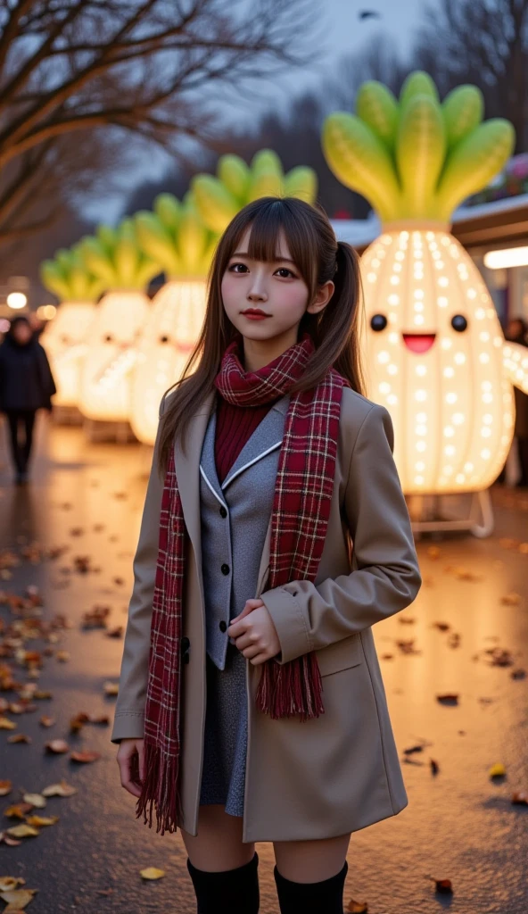 ultra-realistic, photorealistic, dramatic scene, shadow, global-illumination, solo, (teenage Japanese famous idol girl), very beautiful fragile Japanese girl, very beautiful with very cute but boyish cool face, (very large breasts), slim waist, (wearing a gray colored Japanese high school cute uniform of white shirt with blazer and skirt), (red ribbon), (stylish winter coat), (cute checked red woolen scarf), (glove), (She is wearing dark navy tights), (very large breasts), upper body shot, (She is standing and looking at the Daikon Character-Themed Electrical Parade at the amusement park), daikon\(cute, medium long, very large, chubby, white daikon radish character, green leaves on the top, smiled simple cute face, short hands and foot\), (A lively and fun daikon parade with glittering lights and many daikon radish characters on the float), (The floats in the daikon radish Electrical Parade were beautifully decorated with lights), (at night), A few autumn leaves can be seen among the leafless trees, she looks so happy, happy smile, professional lighting,