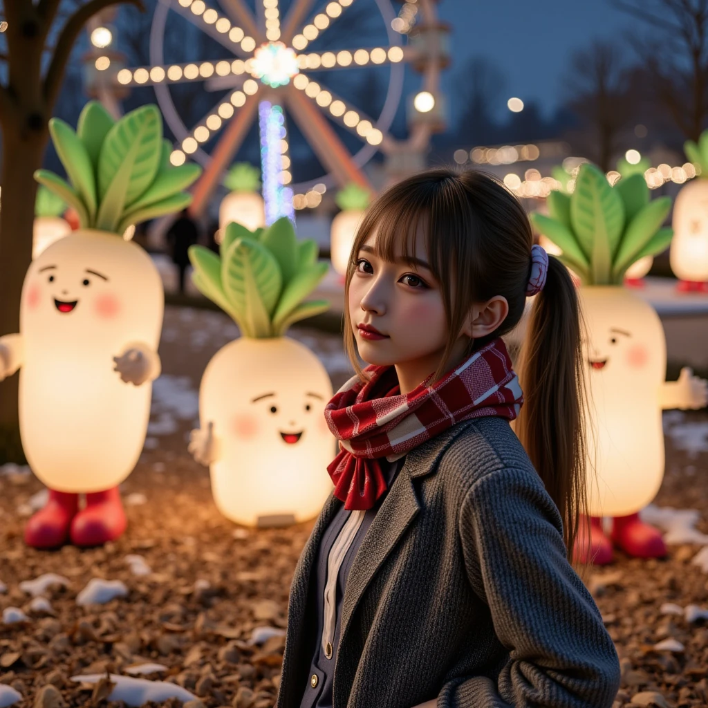 ultra-realistic, photorealistic, dramatic scene, shadow, global-illumination, solo, (teenage Japanese famous idol girl), very beautiful fragile Japanese girl, very beautiful with very cute but boyish cool face, (very large breasts), slim waist, (wearing a gray colored Japanese high school cute uniform of white shirt with blazer and skirt), (red ribbon), (stylish winter coat), (cute checked red woolen scarf), (glove), (She is wearing dark navy tights), (very large breasts), upper body shot, (She is standing and looking at the Daikon Character-Themed Electrical Parade at the amusement park), daikon\(cute, medium long, very large, chubby, white daikon radish character, green leaves on the top, smiled simple cute face, short hands and foot\), (A lively and fun daikon parade with glittering lights and many daikon radish characters on the float), (The floats in the daikon radish Electrical Parade were beautifully decorated with lights), (at night), A few autumn leaves can be seen among the leafless trees, she looks so happy, happy smile, professional lighting,