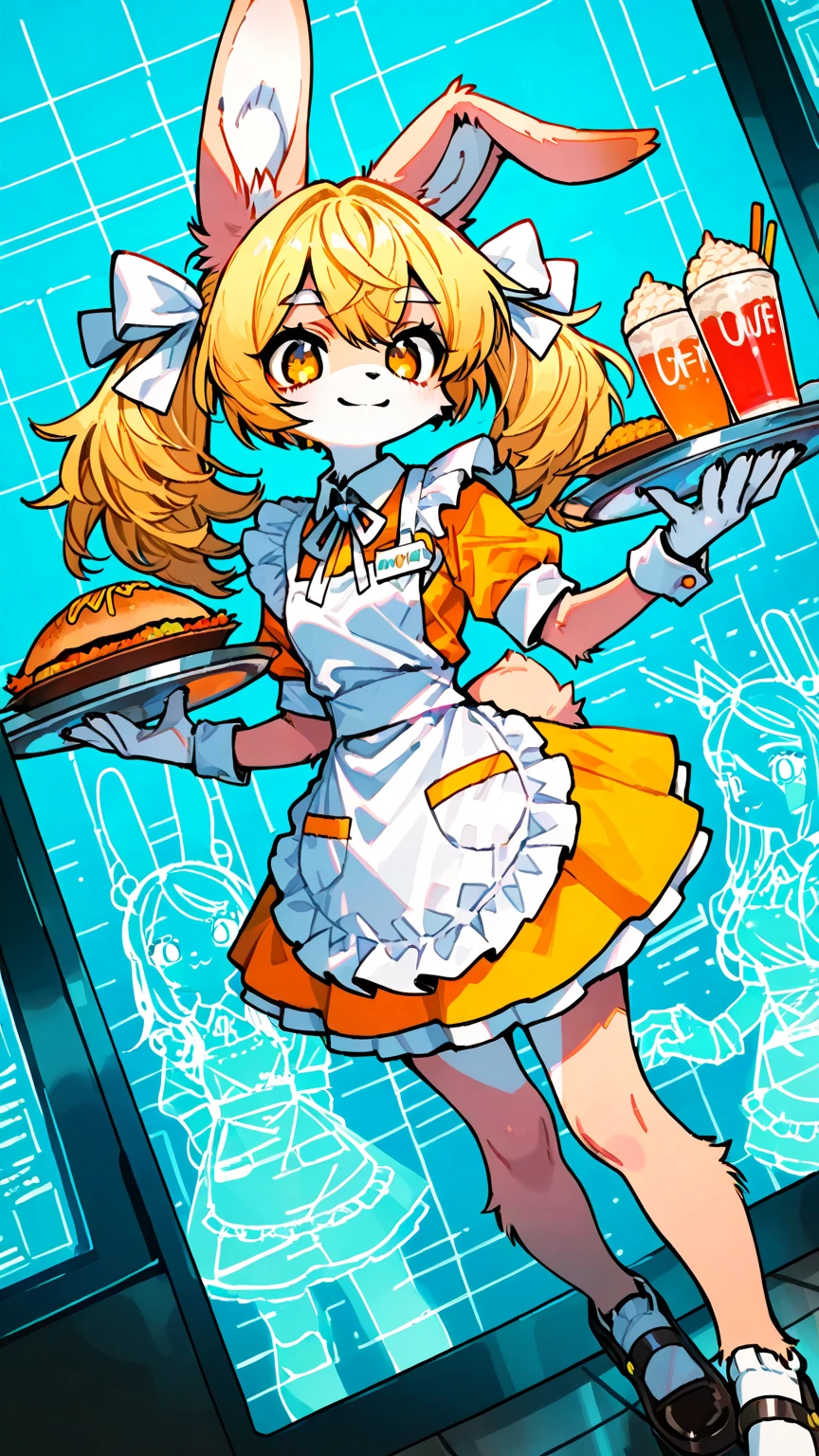 1girl,\((anthropomorphic rabbit, furry, kemono:1.3),(fluffy body), Virtual waitress, hologram waitress, white ribbon, apron, Attractive smile,cute smile, greeting viewer, holding tray, cheerful, cyborg style, cyborg, android,cute pose,dynamic pose,(dynamic action:1.4)\), background\(cute fastfood restaurant\(futuristic design, girly concept design, neon lights, digital menu, pink, blue, white, glass reflection, metal reflection, advanced technology\).(dynamic angle:1.3),dutch angle, masterpiece, best quality