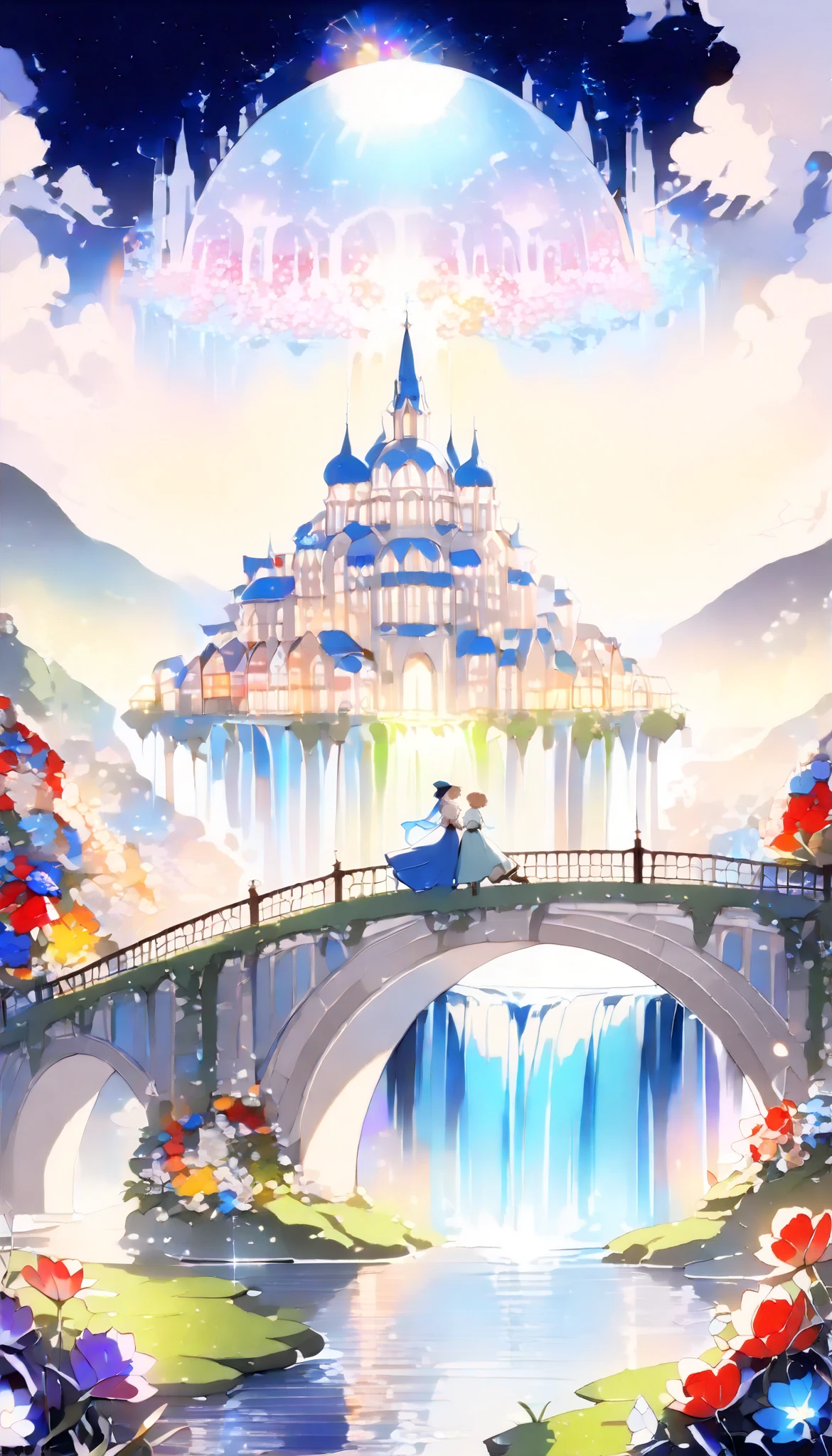 ((( beautiful night view with lots of domed roofs))),(((Soul Love ))),(( top quality,masterpiece:1.5)),((Tartarian style )),((Middle-earth)),((Waterfall flowing from a viaduct )),(( Overall bluish )),( Large colorful photons :1.5),( Splendid flowers in the foreground ),( pearl white ),( perfect anatomy),( Ultra High Quality),( detailed background),( Artwork),( shining flowers ),(Great harmony ),(The 々 creatures you depict are beautiful),Desaturated:1.1, rich color palette, Beautiful dreamy lighting , anime style,Beautiful waterside ,truth,joy,thank you,comfortable,fair,Elegance,Polite , true strength , full of vitality ,altruism,Beautiful,clean, soft,Here and now , Forget Time ,Unadorned ,fun,continuation,Cute Cat,Coupon ,Red Brick