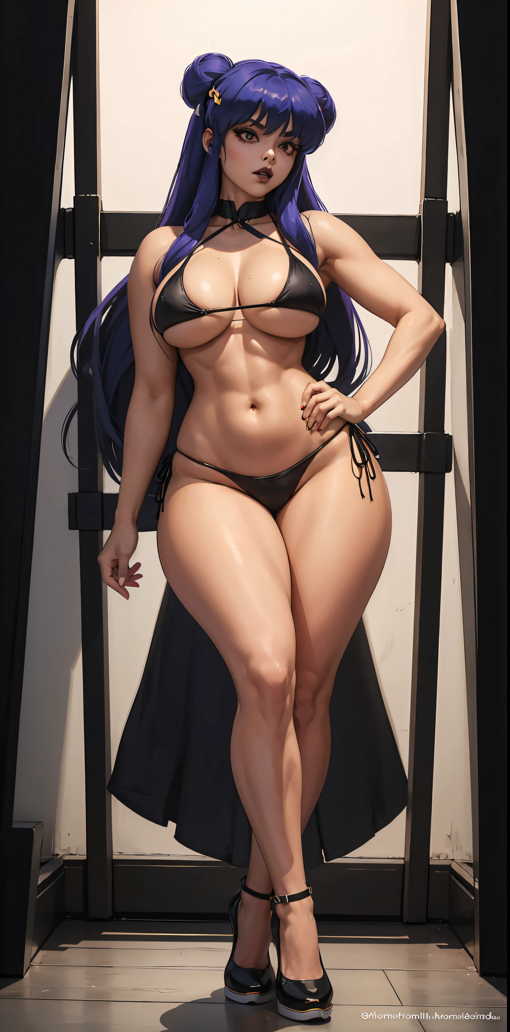 Big tits, macromastia, massive tits, massive cleavage, tight top, tummy showing, whole body, curvy, curly black hair, Lure, asian girl, huge cleavage showing, Looking at the camera, erotic face, thick lips, painted lips, standing, big tits, small strings top, hole body, whole body, from head to toe Extremely detailed, best quality, Detailed eyes and face, Beautifully detailed eyes, light on the face, legs, sfw dressed clothes bikini revealing