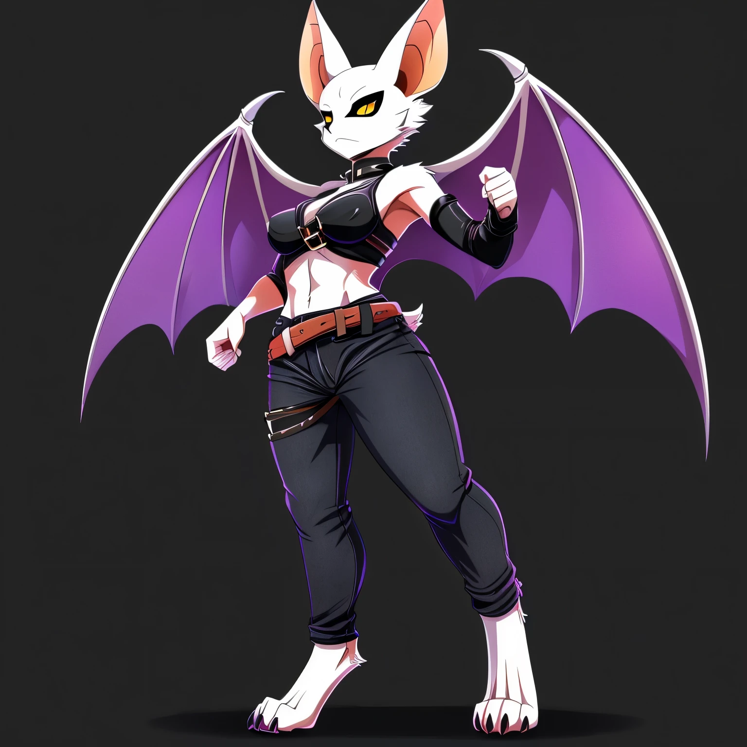 SFW version, anime, anime style, solo drawing, ((three-quarter view)), ((looking to the side)), full body picture, Anthro bat character, ((tall character)), ((Fit figure)), ((white skin)), clawed hands, ((clawed feet)), ((huge purple bat wings)), ((white bat ears)), ((wearing baggy black jeans)), exposed belly, ((wearing belts on arms)), ((wearing belts around calves)), ((wearing belts around thighs)), sexy outfit, black clothes, ((white face)), neutral expression, bright yellow eyes, ((digitigrade legs)), ((digitigrade feet)), solid black background, dark background, highly detailed anime style, clean lines, beautiful demoness, female demon, gorgeous demon girl, ((hourglass figure)), short muzzle, furry cheeks, furry muzzle