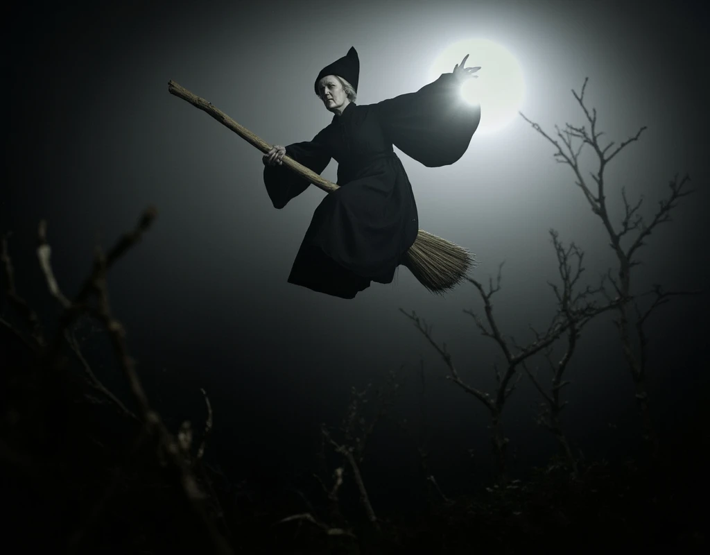 Cinematic shot in Black and white of a 65-year-old woman riding a straw broomstick, flying over a dark forest, long black dress with wide sleeves, wizard's hat, very pale skin, dark makeup, thin fog, dry branches, depth of field, twilight, full moon,  Canon EOS R5, Ilford hp5 400 plus --ar 5:4 --v 6 --stylize 100