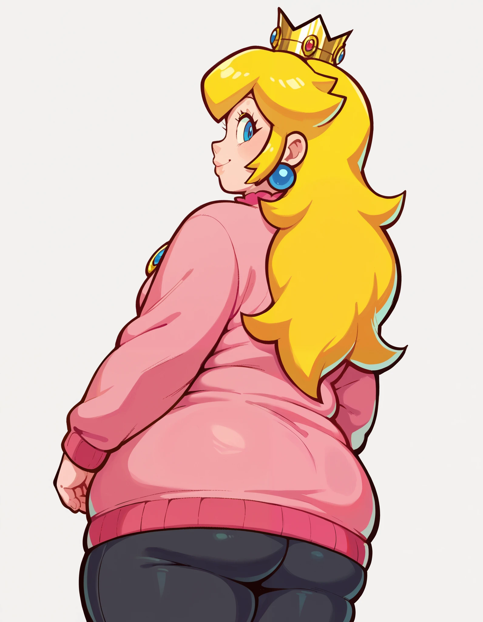 score_9, score_8_up, score_7_up, source_anime, princess peach, blonde hair, blue eyes, long hair, crown, pink sweater, black leggings, smiling, solo, dutch angle, cowboy shot, simple background, chubby body, chubby thighs, chubby butt, turn around, from behind