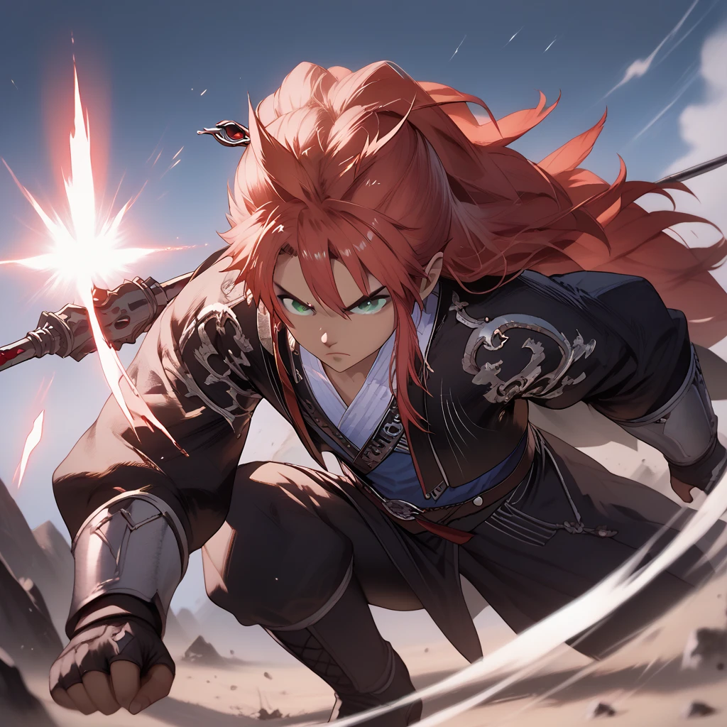 Young Kemono boy with red hair fighting in the middle of a plain,  her clothes are torn and her armor in pieces ,  her expression is fierce and her eyes are serious ,  in his left hand he holds an impressive spear with a long blue fabric that wraps around it,  her other hand is in a claw shape ,  her red hair wobbles in the wind ,  dark skin under the red fur , deep green eyes , iris feral, Lubin ears ,  body hair , Alone,  Battlefield,  magic and shadows in the background .