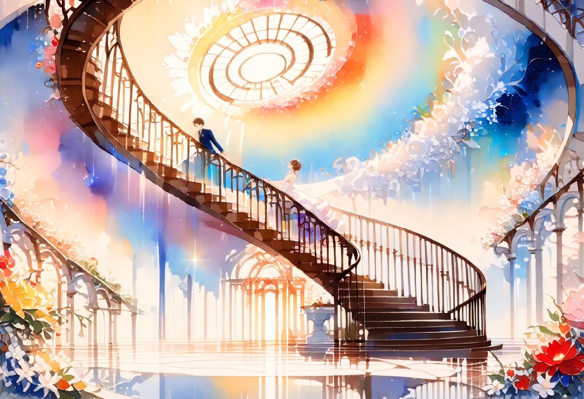 (((An elaborate watercolor painting depicting a beautiful spiral staircase leading from paradise))),(((Unconditional Love))),(( top quality,masterpiece:1.5)),(( sacred)),((Dazzling light)),( Large colorful photons :1.5),( pearl white ),( perfect anatomy),( Ultra High Quality),( detailed background),( Artwork),(Great harmony ),(The 々 creatures you depict are beautiful),Desaturated:1.1, rich color palette, Beautiful dreamy lighting , anime style,truth,joy,thank you,comfortable,fair,Elegance,Polite , true strength , full of vitality ,altruism,Beautiful,clean, soft,Here and now , Forget Time ,Unadorned ,fun,continuation