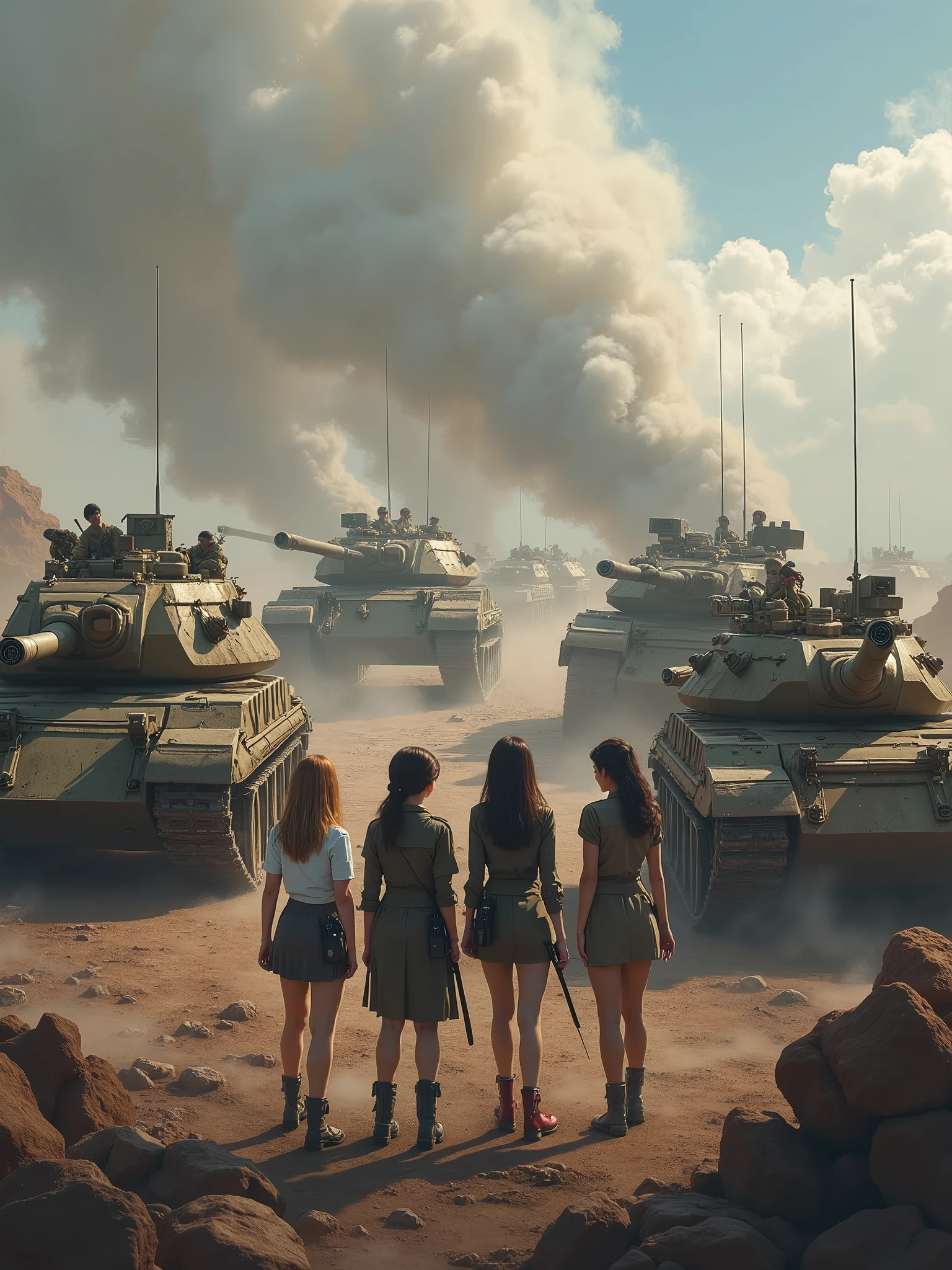 Very attractive women are cleaning a huge worn out military tank covered in blood stains. They are scattered around the machine: A woman is lying on top of the tank, Another is leaning forward cleaning one of the stains, while two more stand on the sides, working with sponges and buckets of water. The women wear combat boots and display different skin tones and hair styles., while one of them is wearing a leather jacket and a military cap, sitting casually on top of the tank watching the others. The tank has the name &#39;Rosie&#39; written on its side, and the scene has a sunny background with fluffy clouds and a bus stop sign in the background, adding a surreal and provocative tone to the scene