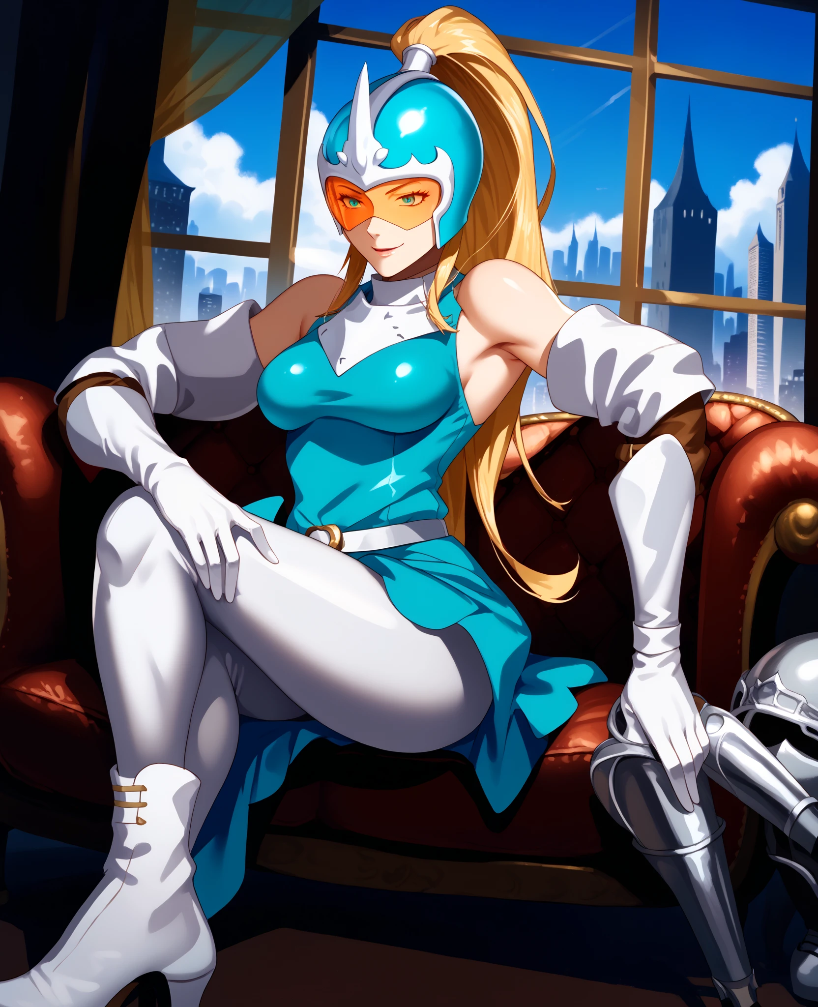 score_9, score_8_ up, score_7_ up,  source_Anime,  One Girl ,  is sitting,  crossed legs,  smirking , Sylvia,  Ponytail, Blonde,   very long hair,  helmet ,  cyan dress , cyan leotard, Bare shoulders,  medium breasts,   white gloves,  elbow gloves , White Belt,  pantyhose,  knee-high boots,  white shoes ,  High Heel Boots , Sofa,  window, city,   knight 