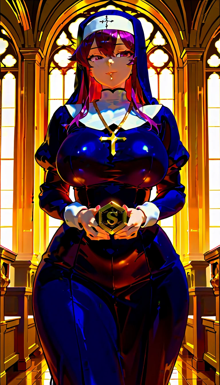 1girl, purple hair, purple eyes, large breasts, wide hips, nun outfit, coy smile, milf, church background, textured skin, UHD, UHD, UHD, UHD, award winning, high details, incredible high-key lighting and shadows, masterpiece, incredible illustration