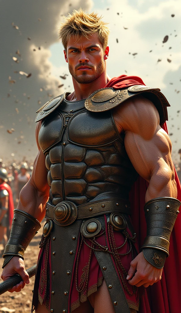 {Greek warrior}{gladiator}{ Closed clothes with only the chest shown}{アニメ}{scar on the right eye}{closed beard}{roupas de gladiator e capacete}{scar a large cut on his chest from shoulder to hip}{no tattoos}{ and no hair on the ruler}