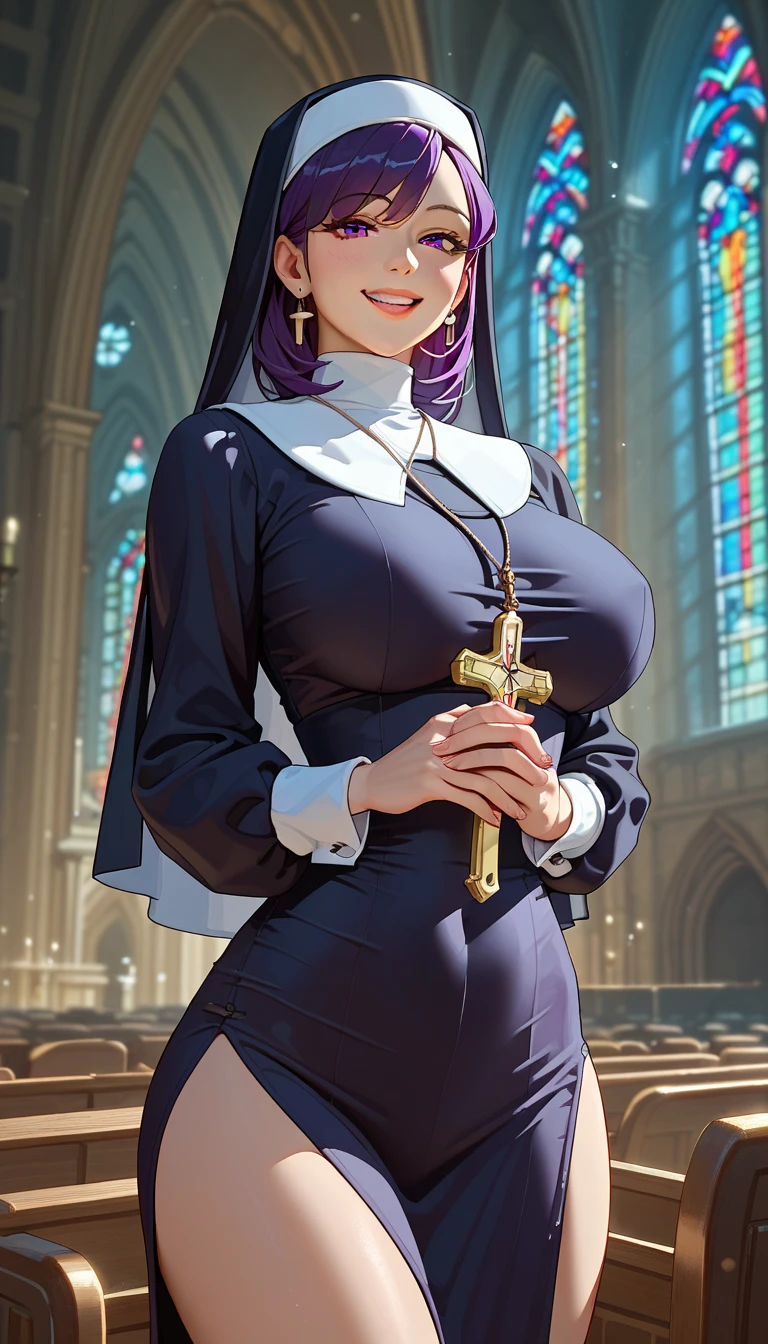 1girl, purple hair, purple eyes, large breasts, wide hips, nun outfit, coy smile, milf, church background, textured skin, UHD, UHD, UHD, UHD, award winning, high details, incredible high-key lighting and shadows, masterpiece, incredible illustration