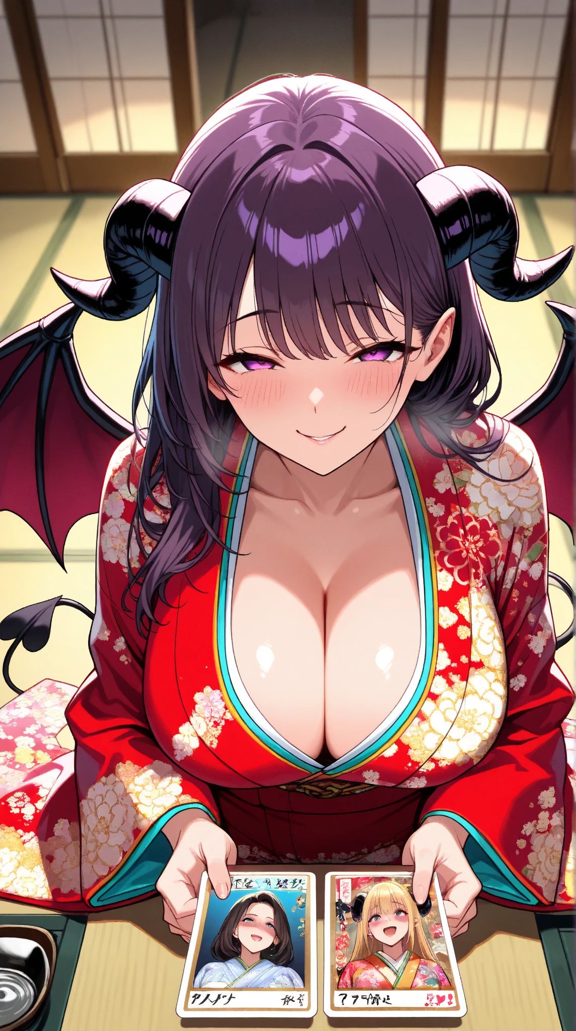 1 mature woman,(masterpiece, top quality, very detailed depiction, Incredibly Absurd High Resolution ,),(Devil horns,Devil&#39;s Wings:1.3),(Succubus wearing kimono , evil , Beautifully Detailed Brightly Colored Kimono ,Highly detailed embroidery, very shiny wrinkled clothes ,High quality skin,Reflective fabric),( long silvery hair ,魅力的な Perfect Female Proportions , enchanting smile, cleavage in years, Perfect Female Proportions , ideal body proportions, Attractive Proportions, Tight Woman , curvy , Girls with Extremely Beautiful and Detailed Faces ,face focus,( evil な笑顔, Sadistic , erotic,Seductive eyes:1.3, purple eyes),( provocative,Enchanted, fascinated , excited, naughty face :1.2),blush, Super beautiful detailed backgrounds ,Sexy cutout, point of view looking up from directly below:2.0, look down:1.5, break 「 Happy New Year」A message board with the message:1.5,「 Happy New Year」Character:1.5,「 Happy New Year」Character:1.5,New Year's card illustration:1.5