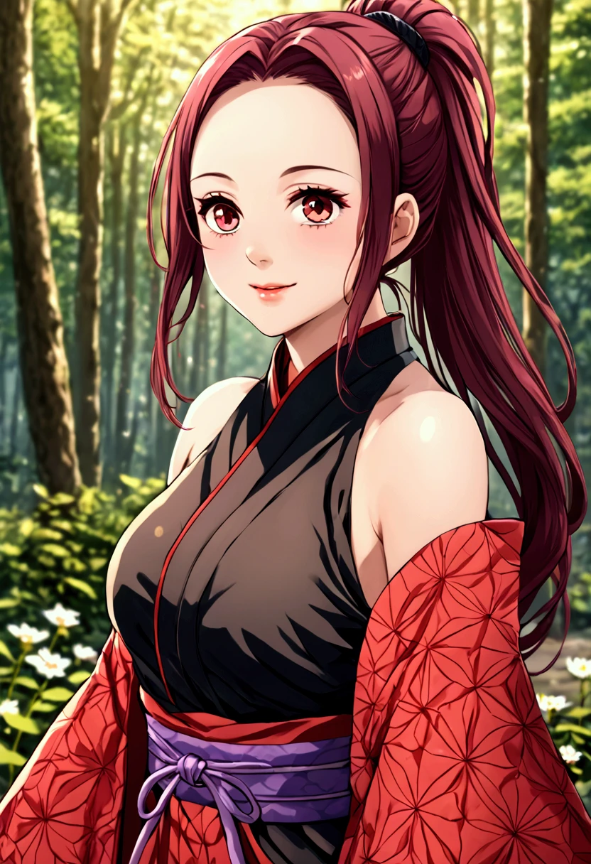 best quality, (masterpiece:1.2), highly detailed, flowers, forest, blurry background,
1girl, solo, Yuzuriha,
looking at viewer, medium breasts, smile, open mouth,
red eyes, purple hair, ponytail, cleavage, ninja, japanese clothes, bare shoulders