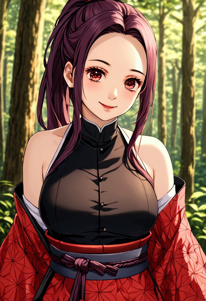 best quality, (masterpiece:1.2), highly detailed, flowers, forest, blurry background,
1girl, solo, Yuzuriha,
looking at viewer, medium breasts, smile, open mouth,
red eyes, purple hair, ponytail, cleavage, ninja, japanese clothes, bare shoulders