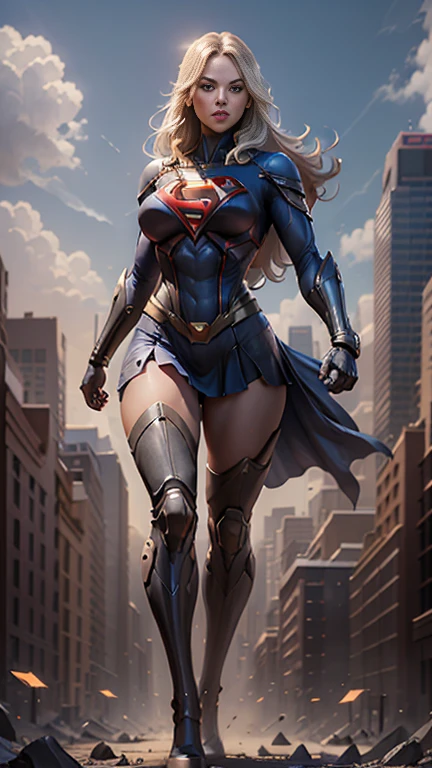 Supergirl from DC, big breasts, frontal, full-length, looking at the camera, facing the audience, standing pose, sky over Metropolis background, three-dimensional light, detailed full-body concept, sleek digital concept art, beautiful full-body concept art, art trend, CGsociety full-length,