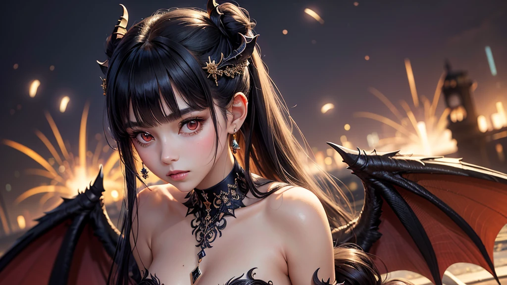 1_girl, solo, (masterpiece), (best quality), (detailed), light layer, lustrous skin, (intricate detailed , New Year Gown, , demon wings, hair ornament :1.2), from above, black hair, black choker, long hair, hime cut, woman, blunt bangs, sidelocks, red eyes, (mature female:1.1), side-ponytails  (City Fireworks background:1.1),  standing with her back to the camera, head turned to look over her shoulder.