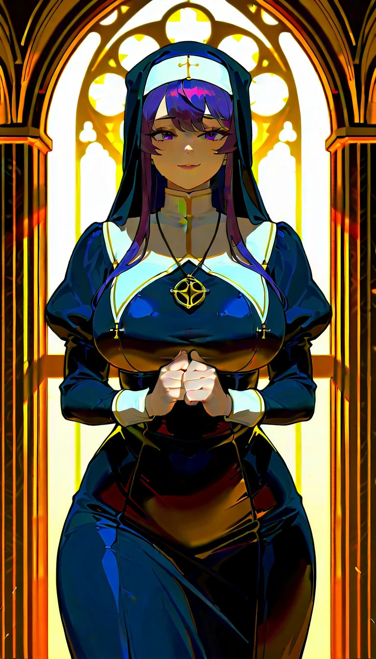 1girl, purple hair, purple eyes, large breasts, wide hips, nun outfit, coy smile, milf, church background, textured skin, UHD, UHD, UHD, UHD, award winning, high details, incredible high-key lighting and shadows, masterpiece, incredible illustration