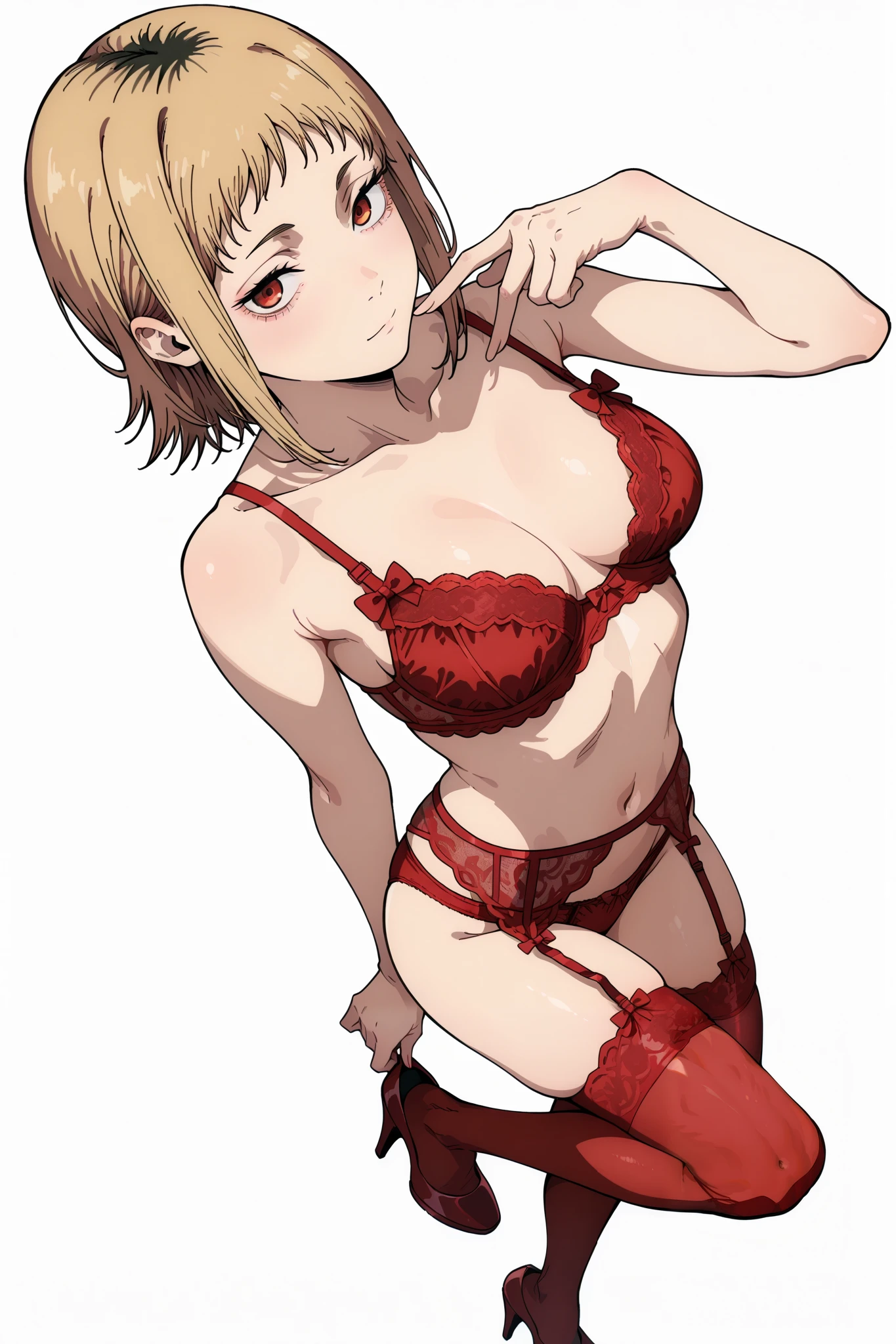 (Sh1r3n:1.2), chainsaw_man_style, 1girl, sawatari akane \(chainsaw man\), chainsaw man, garter belt, underwear, solo, 1girl, bra, blonde hair, red panties, panties, garter straps, breasts, thighhighs, lingerie, red eyes, red bra, medium breasts, navel, simple background, short hair, red legwear, bow, white background, full body, hot pose, best anatomy, masterpiece, looking at the viewer, heels, from above, small tits, sensual lingerie, snake eyes, red heels