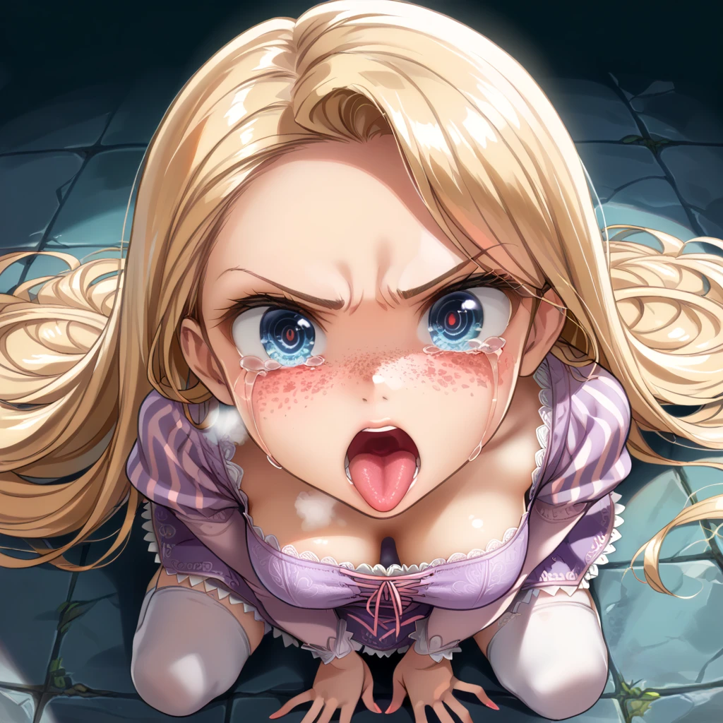 1girl ,rapunzel, skinny, beautiful, blue eyes, solo, alone, 
dress, angry, crying, skirt, (((UPSKIRT))), (((Skirt flipping))),
(((ANGRY expression))), (((CRYING expression))), 

 (((lesbian))), (((only girls))), ((sticking hand down her panties))),  
(((detailed eyes))), (((detailed face))), (((detailed mouth))),  
(((masterpiece, HD, high res))), (((beautiful render art))), (((intricate details))), (full body), (((detailed shading))), 
(((FRECKLES ALL OVER THE BODY, SHINY SKIN))), 
(((Squatting))), (((kneeling on floor))), (((HEAD tilted BACK))), (((looking up))), (((From Above))), (((POV top view))),  
(((Directly above angle:1.5))), (((Point slightly upwards))), (((Looking at viewer))), (((staring at viewer))), 
(((eyes squint))), (((black pupils))), 
((firm and lifted breasts)), (((MEDIUM breasts))), (((cleavage))),  
(((hands visibles))), (beautiful hands), (((open mouth))), (((mouth wide Open))), (((teeths, tongue))), (((out of breath))), 
(((Close-up of face:1.7))), (((face focus))), (((Bring your face closer:1.4))), (((Move your mouth closer))), 