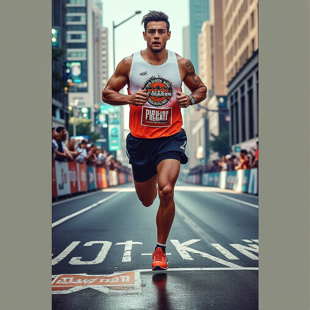 A photo of an athlete crossing the finish line, capturing the moment of triumph and exhaustion, with sweat and determination visible on their face, set against the blur of the cheering crowd.