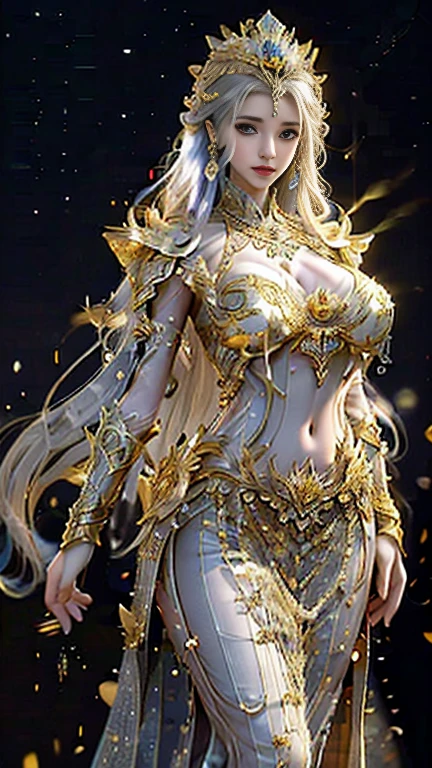 Woman in a golden transparent dress,view the viewer,(((Huge breasts, Large cleavage))),Slim waist,(navel baring,Bare waist), Long hair, Ultra-detailed details,High-end Zhenyi station, Rainstorm site, detailed fantasy art, Stunning character art, Beautiful and exquisite character art, Beautiful gold and silver armor, Extremely detailed, Girl in shiny armor, Exquisite tiaras and jewelry,Crystal jewelry filigree, milky ways, Stunning visuals, (dynamic streaks, light tracks:1.2), Vibrant colors,golden code, long hair, braid hair at the ends