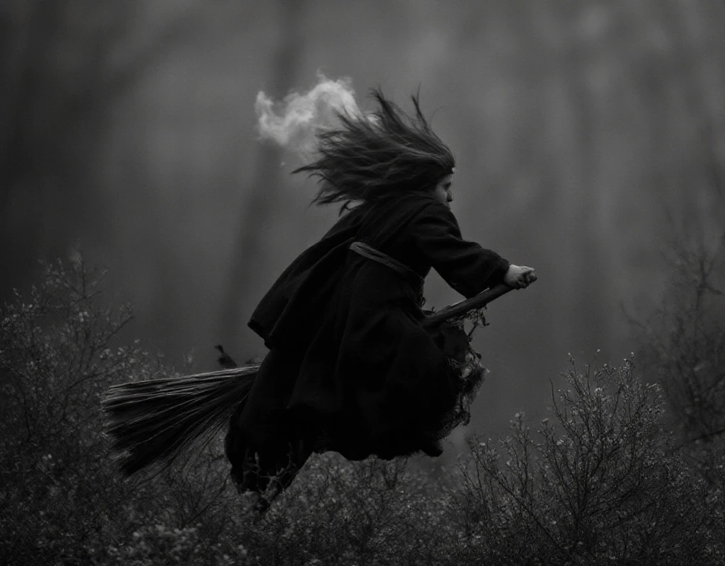 Cinematic shot in Black and white of a 65-year-old woman riding a straw broomstick, flying over a dark forest, long black dress with wide sleeves, wizard's hat, very pale skin, dark makeup, thin fog, dry branches, depth of field, twilight, Canon EOS R5, Ilford hp5 400 plus --ar 5:4 --v 6 --stylize 100 --quality 1 