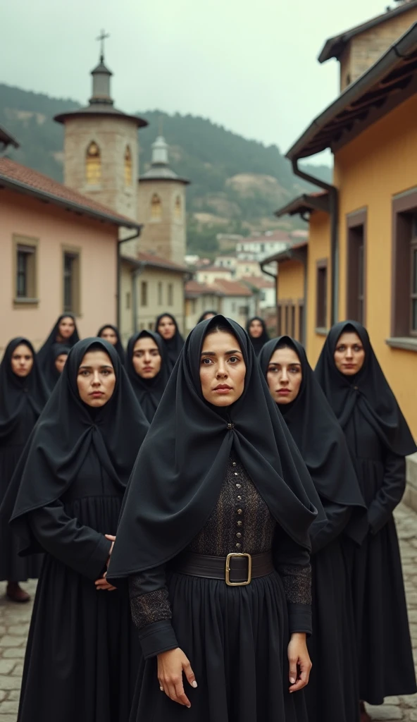 a group of standing mature women in sportswear in the crowd of ugly men, all of man in raincoats, Middle Ages, all women are in sportswear, women experience a sense of fear, men hold women's hands, lots of details, fence in the background