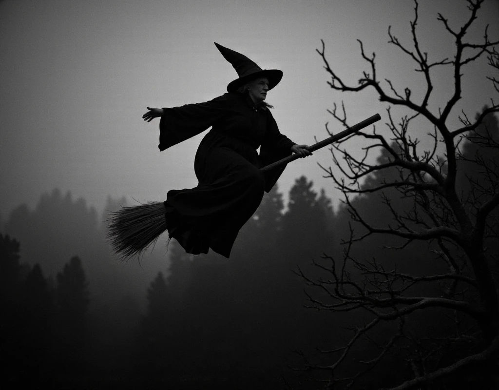 Cinematic shot in Black and white of a 65-year-old woman riding a straw broomstick, flying over a dark forest, long black dress with wide sleeves, wizard's hat, very pale skin, dark makeup, thin fog, dry branches, depth of field, twilight, Canon EOS R5, Ilford hp5 400 plus --ar 5:4 --v 6 --stylize 100 --quality 1 