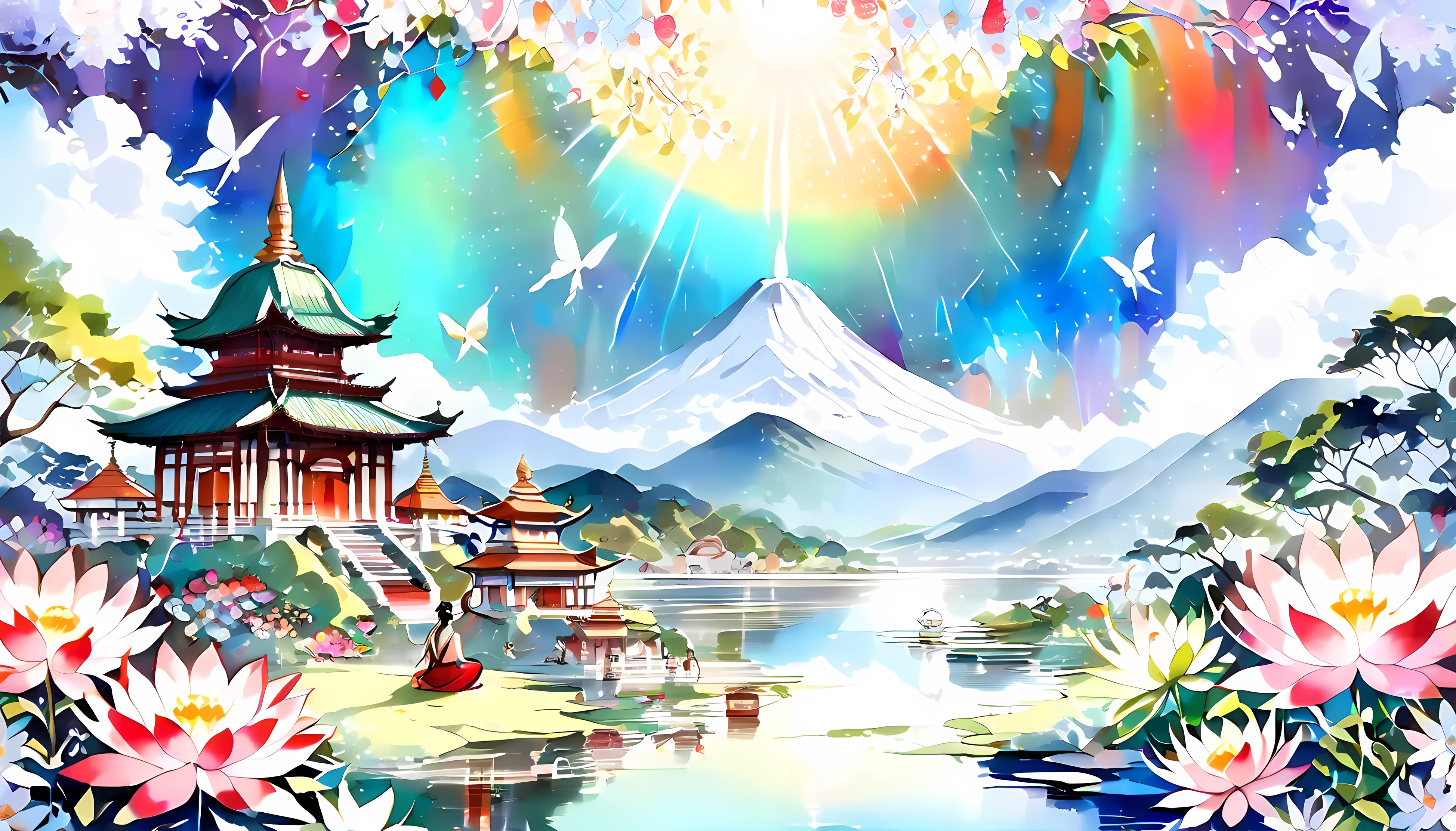 ((( elaborate watercolor painting depicting the beautiful imaginary landscape of Siddaddha))),(((Soul Love ))),(( top quality,masterpiece:1.5)),((Dazzling light)),((Ohms)),((Shaka tribe )),(( Overall bluish )),( Large colorful photons :1.5),( Common Taimai ),( Splendid flowers in the foreground ),( pearl white ),( perfect anatomy),( Ultra High Quality),( detailed background),( Artwork),( shining flowers ),(Great harmony ),(The 々 creatures you depict are beautiful),Desaturated:1.1, rich color palette, Beautiful dreamy lighting , anime style,Beautiful waterside ,truth,joy,thank you,comfortable,fair,Elegance,Polite , true strength , full of vitality ,altruism,Beautiful,clean, soft,Here and now , Forget Time ,Unadorned ,fun,continuation,Subodhi ,Lumbini ,Muddler , Brahmin religion ,Cute Animals, Princess Yashodara ,Taiwan white butterfly