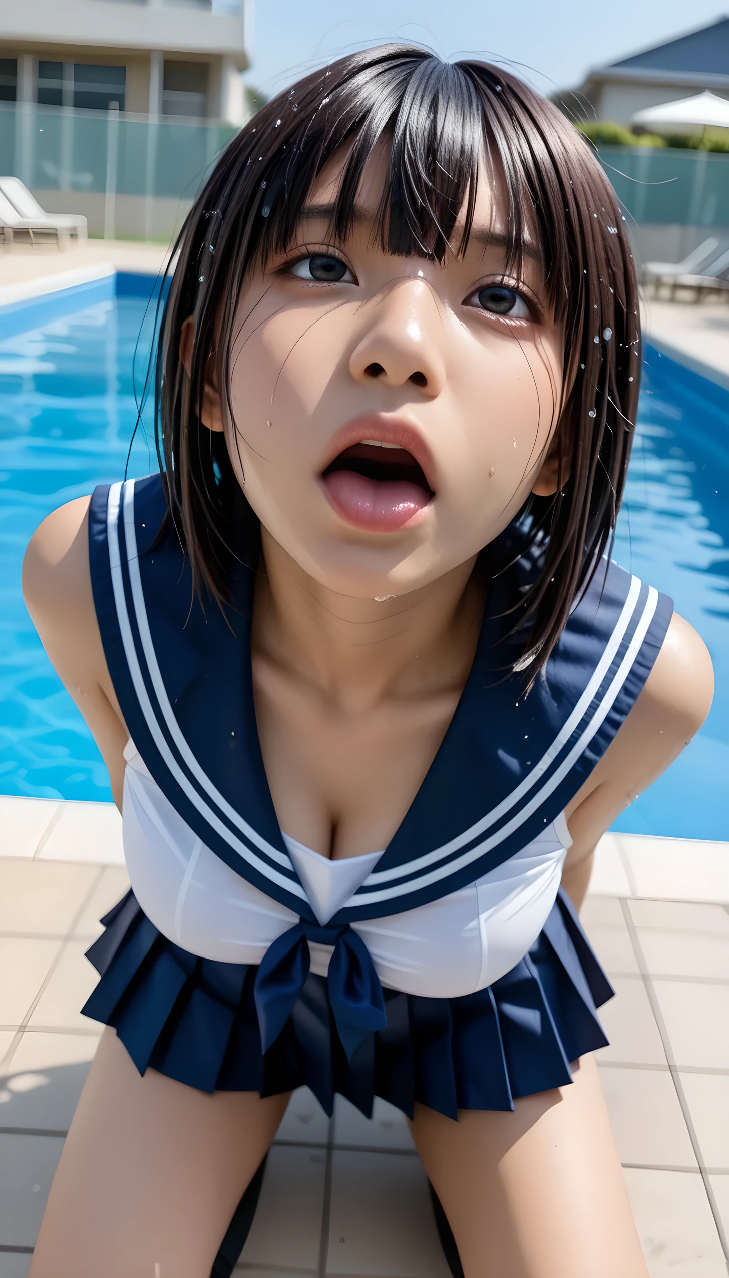 Top quality、Excellent detail、Extremely detailed depiction、Perfect Anatomy、((Raw photo))、Delicate skin、Ultra-high resolution、Photorealistic、Japanese girl、Mischievous Smile、Tongue sticking out a little、(、Twin tails、School Swimsuit、Cleavage、looking at the camera:1.4)、(Cowgirl:1.7)、(Spread legs:1.5)、(Sitting with hands behind back and chest out:1.4)、Full body shot