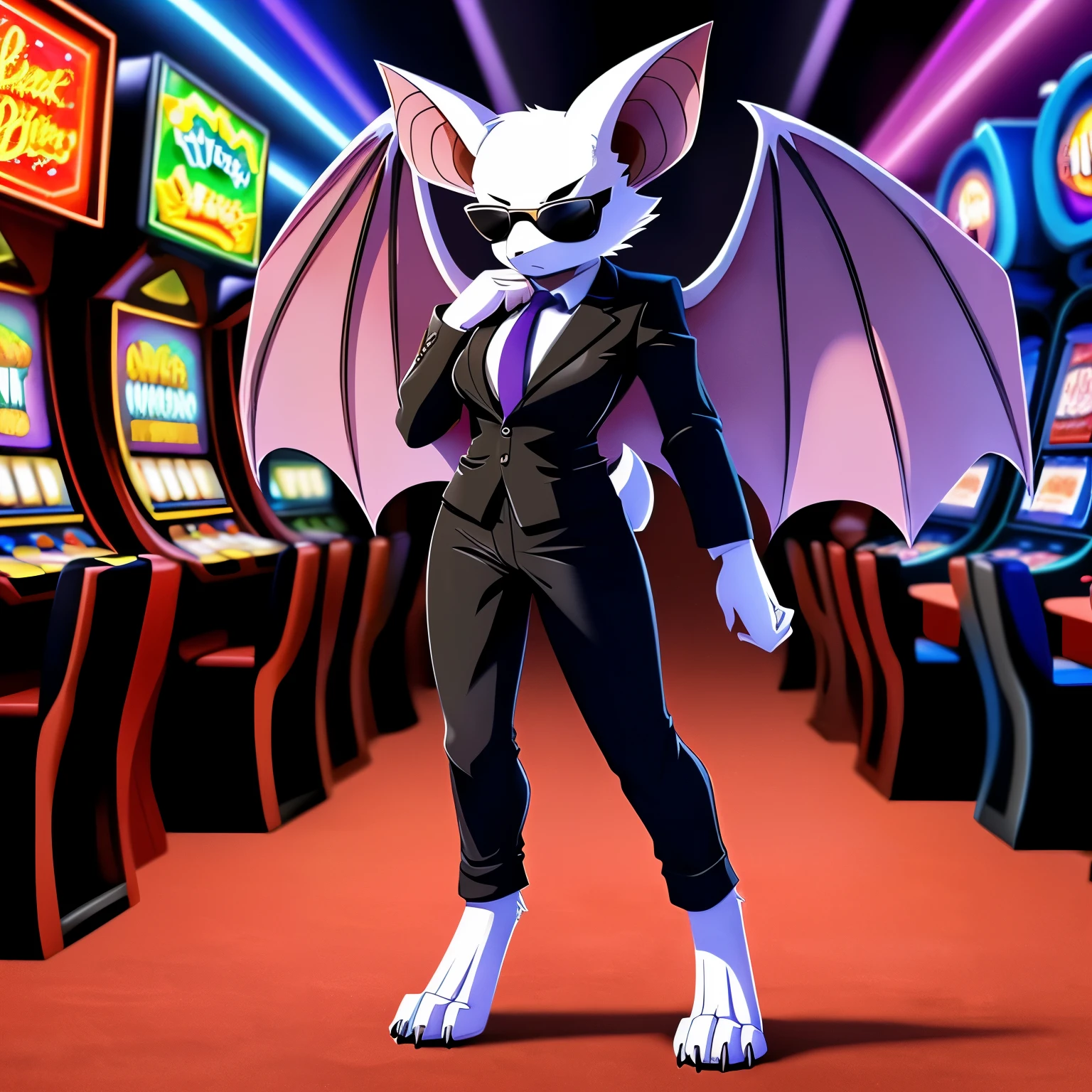 SFW version, anime, anime style, solo drawing, ((facing viewer)), ((Facing camera)), ((arms folded)), full body picture, professional stance, Anthro bat character, ((tall character)), ((Fit figure)), ((white skin)), clawed hands, ((clawed feet)), ((huge purple bat wings)), ((white bat ears)), ((wearing a black suit and purple tie)), ((Wearing black pants)), ((Wearing black sunglasses)), ((white face)), neutral expression, ((digitigrade legs)), ((digitigrade feet)), casino background, standing in a casino, highly detailed anime style, clean lines, beautiful demoness, female demon, gorgeous demon girl, ((hourglass figure)), short muzzle, furry cheeks, furry muzzle