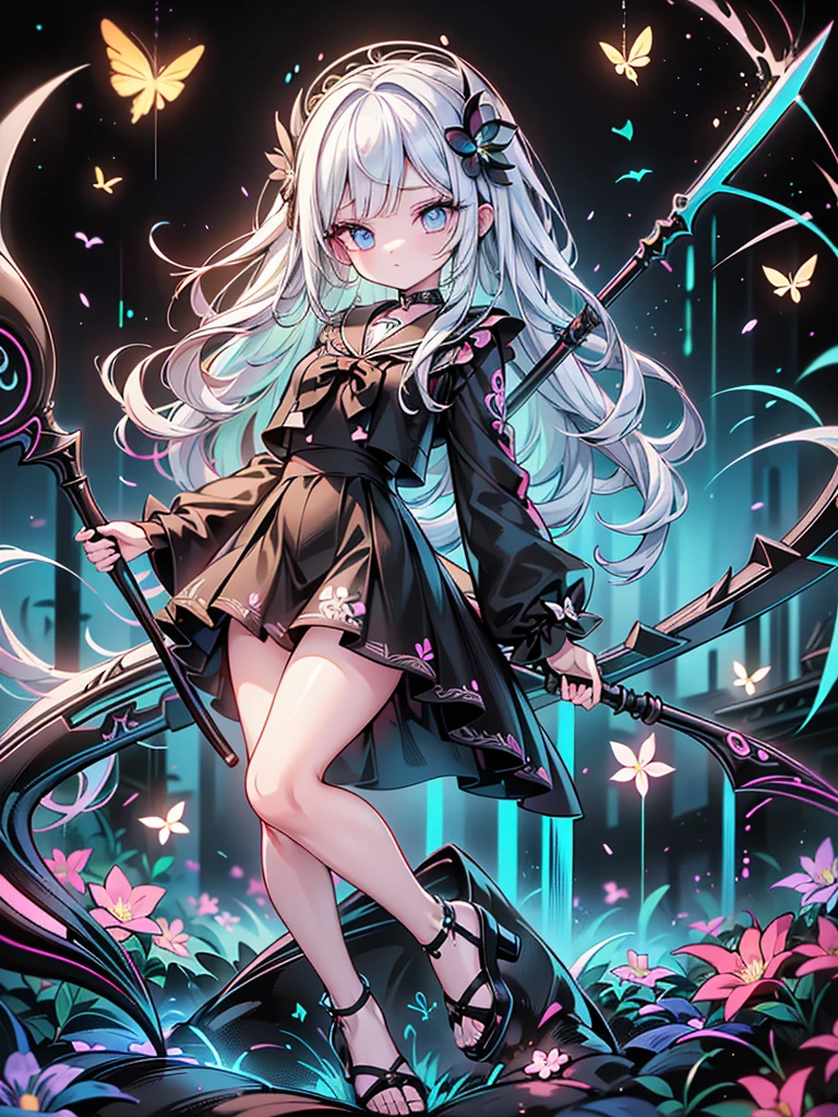 1girl, pretty face、Baby Face、grim Reaper、((( perfect anatomy、 Dynamic Best Composition、 top quality、's greatest masterpiece、 more details、 high definition 、CG,HHD,32K))),NEW STYLE 、 Geometric Neon Color Backgrounds、 Milky White Hair Color 、Black hair ornament、((grim Reaperの黒いローブ、 black sailor suit )), Highest Resolution 、 very detailed、 RAW photo、Poster、 Coolest Poses 、 full body、 has a scythe、 Embellished Scythe 、（white long lashes 、 detailed eyes）、chaos、chaos、 neon-colored floral tattoo all over、