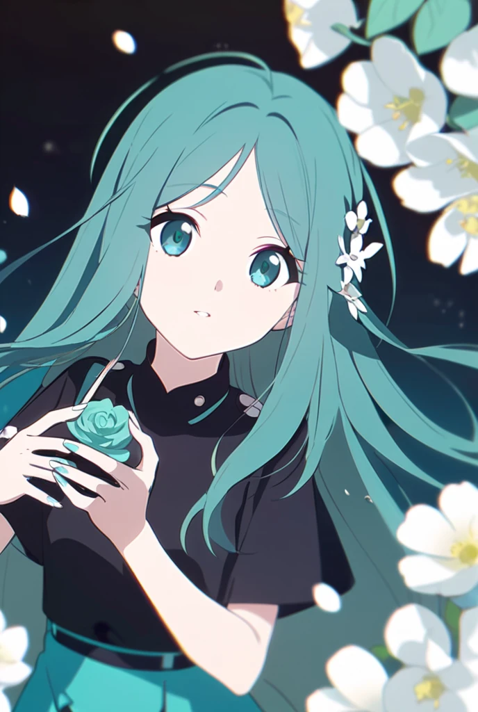 Anime girl with white and turquoise long hair, mint gleaming eyes and white nails wearing a turquoise jacket over a black top and a half long turquoise skirt, black thigh highs,a white flower in her hair and in her hands.