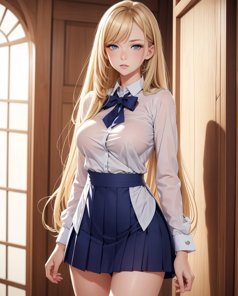 masterpiece, best quality,  Bold colors, vivid coloring, rich pigmentation, vibrant, absurdres, illustration, 8k, perfect shadows,perfect lighting,hdr, ambient lighting,realistic, ultra-realistic, full body shot, Photo realistic,(hyperrealistic:1)textured skin,shiny skin,skindentation, bigfaketits,beautiful body, (blush:1.2)milf,mature woman,ChopioAlpha, blonde hair, long hair, very long hair, blue eyes, elf, pointy ears, eyes visible through hair,  (wearing outfit_2, school uniform, white shirt, collared shirt, blue necktie, pleated skirt, white skirt:1, white socks, kneehighs,) (large breasts,hourglass body, thin waist,very slim waist)extremely detailed face,detailed eye makeup, detail face, nice detailed eyes,nice hands, perfect hands <lora:KageAlpha-v1-04:.30> <lora:beautifulDetailedEyes_v10:0.50> (realistic pupils,realistic iris:1) heavy eye makeup<lora:add_detail:.50> <lyco:GoodHands-beta2:.90><lora:Aesthetic-Portrait-V2:.50> (Background is hotel room)    <lora:ryanreos-lora-v1-32dim-3ep-naivae:.30>
