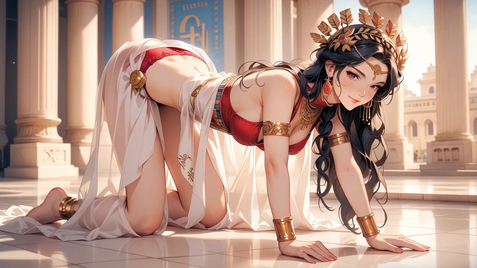 rating_safe, score_9, score_8_up, score_7_up, source_anime, masterpiece, best quality, solo, 1girl, wondering face, firm breasts(she is wearing pastel black red gold design, greek Ares Goddess, Ancient Goddess, pastel red panties) ( she is all fours on the floor, look straight, front side shot) ,see but and hip best quality, high definition, anatomically correct, Very detailed, Ultra High Definition, textured skin, Sharp details,