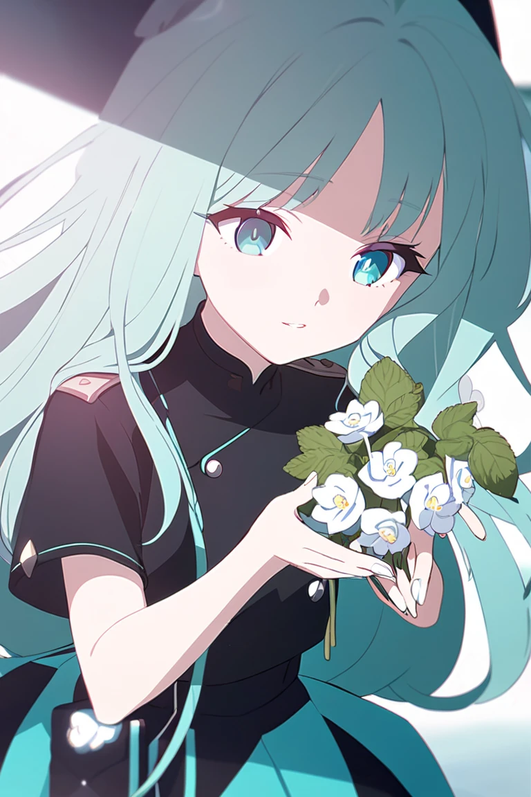 Anime girl with white and turquoise long hair, mint gleaming eyes and white nails wearing a turquoise jacket over a black top and a half long turquoise skirt, black thigh highs,a white flower in her hair and in her hands.