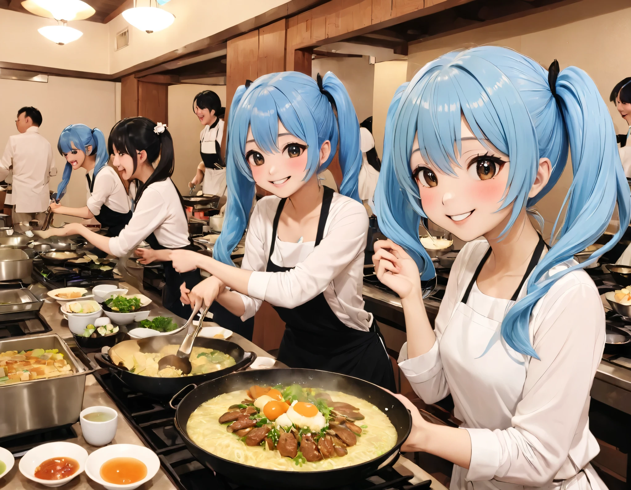 long light blue hair  、  cute girl with twin tails 、smile、 casual clothes、I'm laughing around cooking with lots of friends in a bright banquet hall、 Delicious Meals  、