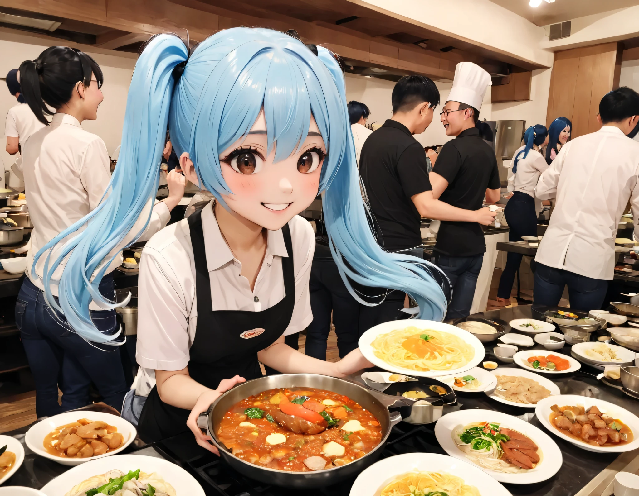 long light blue hair  、  cute girl with twin tails 、smile、 casual clothes、I'm laughing around cooking with lots of friends in a bright banquet hall、 Delicious Meals  、