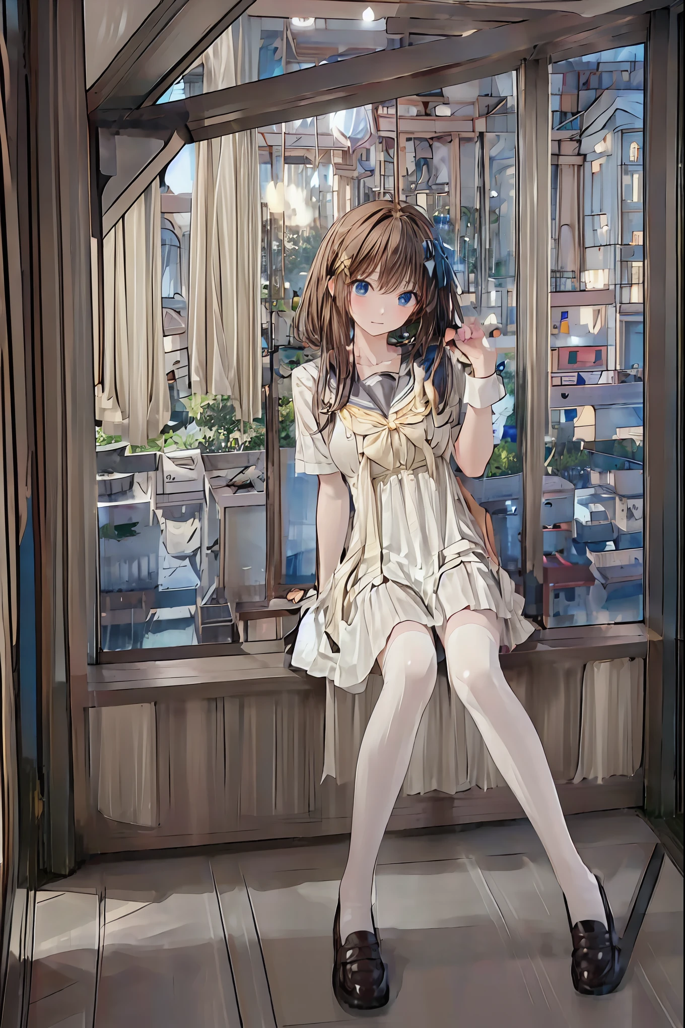 ((masterpiece)), (Anime:1.5), (( top quality)), ( RAW photos:1.2), ( high resolution:1.3), ( professional photoshoot:1.2), (chromatic avalations), one girl, (()), (Serious), ( beautiful brown eyes:1.3), Watch Viewers , Plain Shirt, O-ring, Dishevelle Hair , medium hair, (Stick your hand into your pants ), ((Take off your work pants)), 明るい brown hair, ( small breasts), Cute waist, outdoor, ((Top of the big bell tower)), brown hair, shortcuts, hair is disheveled, short braided hair,Neat, slender beauty ,Dignified posture, small breasts, Beautiful Legs, Her enchanting gray-blue eyes sparkle like stars., bright color, beautiful eyes,A delicate smile, Textured Skin, top qualityのものが最高, gentle and beautiful woman ,Anime風、
