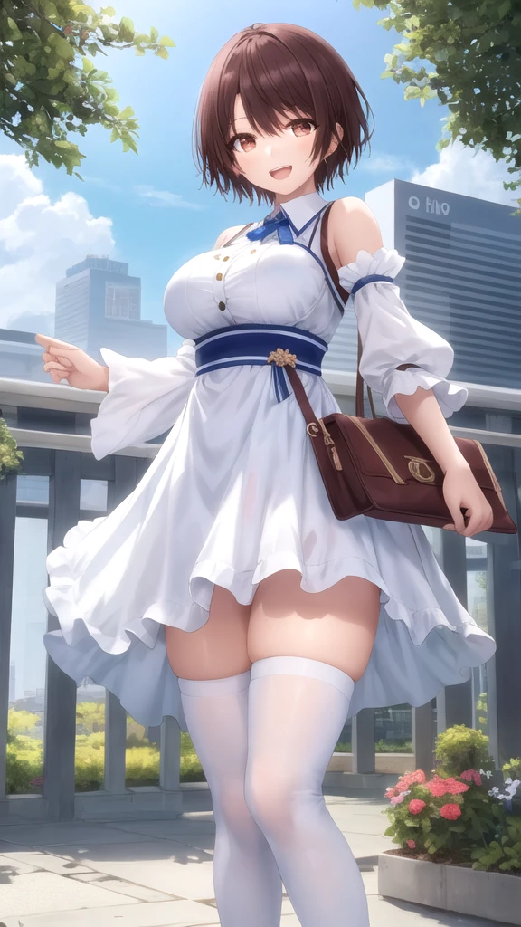 masterpiece, best quality, high quality, girl, solo, looking at viewer, yuuta_kadowaki, large breasts, white dress, detached sleeves, blue thighhighs, standing, outdoors, smile, open mouth 