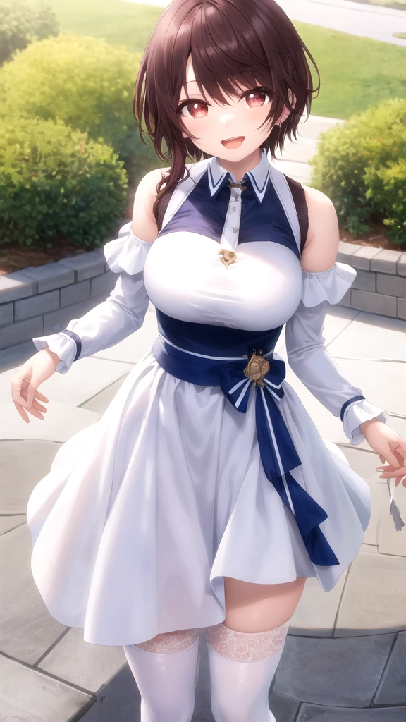 masterpiece, best quality, high quality, girl, solo, looking at viewer, yuuta_kadowaki, large breasts, white dress, detached sleeves, blue thighhighs, standing, outdoors, smile, open mouth 