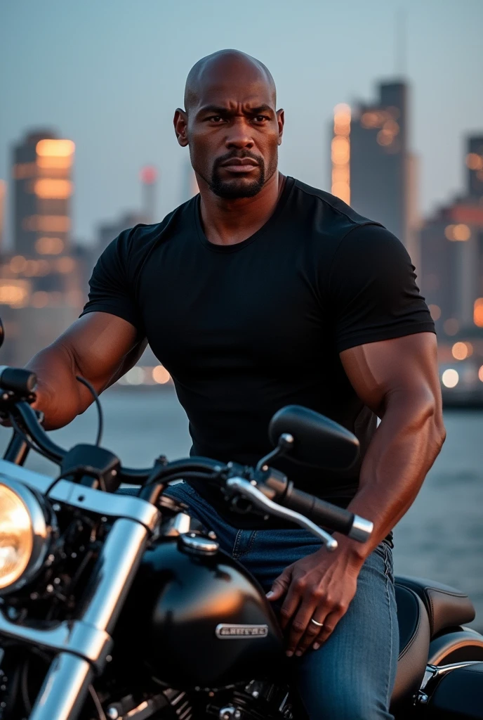 A dark-skinned muscular cowboy resting shirtless on a pickup truck at sunset, prominent muscles, marked abdomen, tight jeans, muscular legs, cowboy running, brown boots, ranch landscape, ultra-realistic, 4k