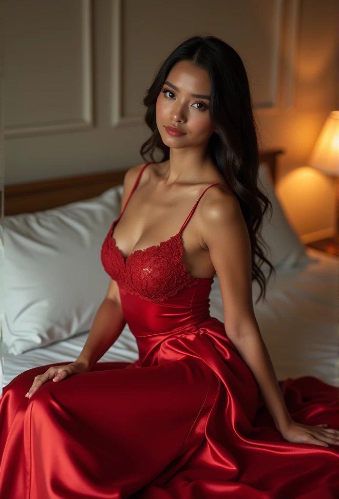QUALITY SETTINGS: ((Best quality)), ((masterpiece)), ((high resolution)), (High contrast), (High sharpness), ((photorealistic: 1.4)), ((RAW photo)), (8K ),
SETTING DETAILS: (facial and body skin imperfections),
THEME SETTINGS: 1 person (singer Vanessa Hudgens, 18 years old), (black long wavy hair), heavy makeup, mascara, eye shadow slim, slim, sculpted hips, shapely knees, glow, skinny legs, very slim and slim girl, very detailed face, perfect fingers, ((so sexy)), ((very, extremely beautiful)),
CLOTHES: (elegant red dress), short elegant dress with straps
POSE SETTINGS: girl looking to the right of the camera, view from bottom to front (half turn),
BACKGROUND SETTINGS:
Elegant antique living room, wooden furniture, red walls, red lighting.