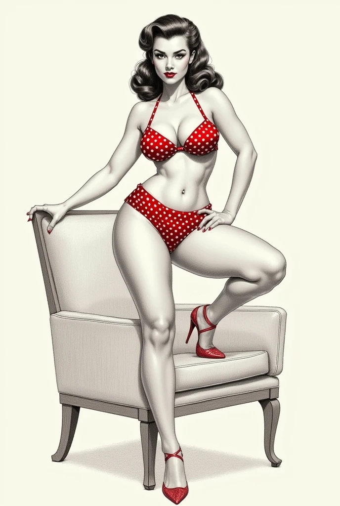 beautiful pinup girl sitting down on blank blue background. Red bikini, brownish red hair, red lipstick
