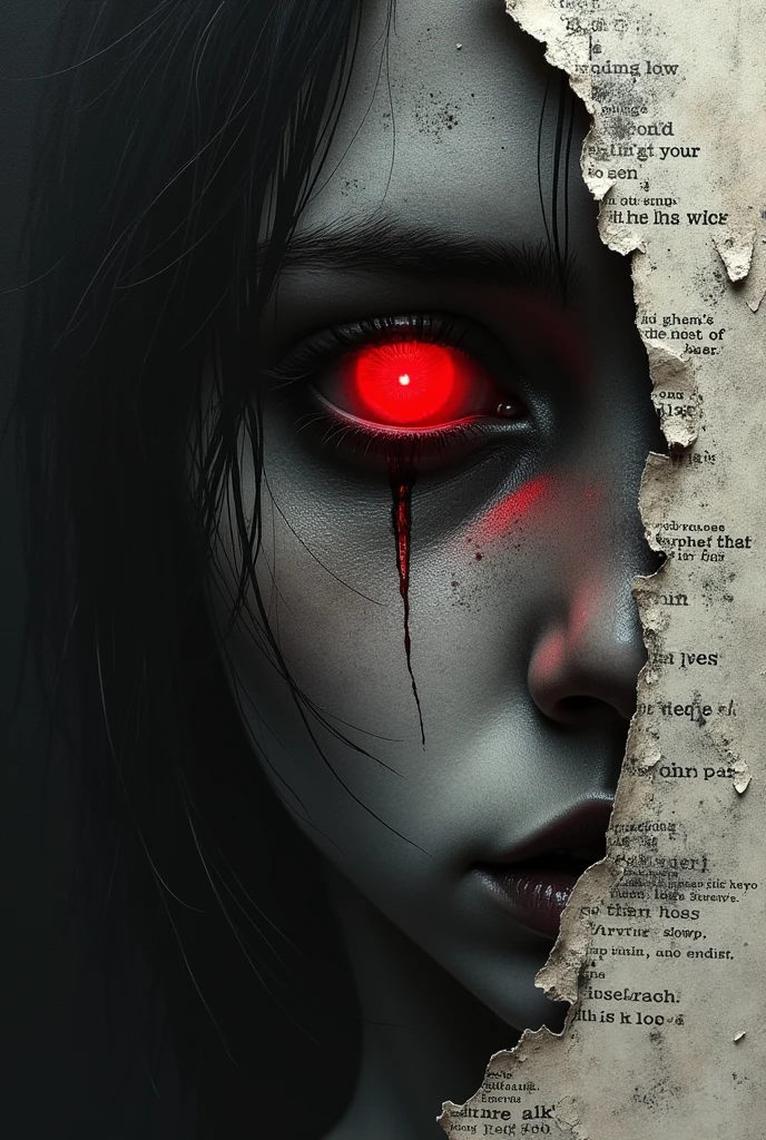 aper torn with words and phrases written in black ink creating a disturbing texture. The left eye glows brightly in red , emitting a sense of mystery and threat .the skin seems to crumble and decay , with a surreal aesthetic and abstract details . The atmosphere is sober with shades of black and gray and accents of dark red . dark hair falls around the face adding an air of darkness and drama