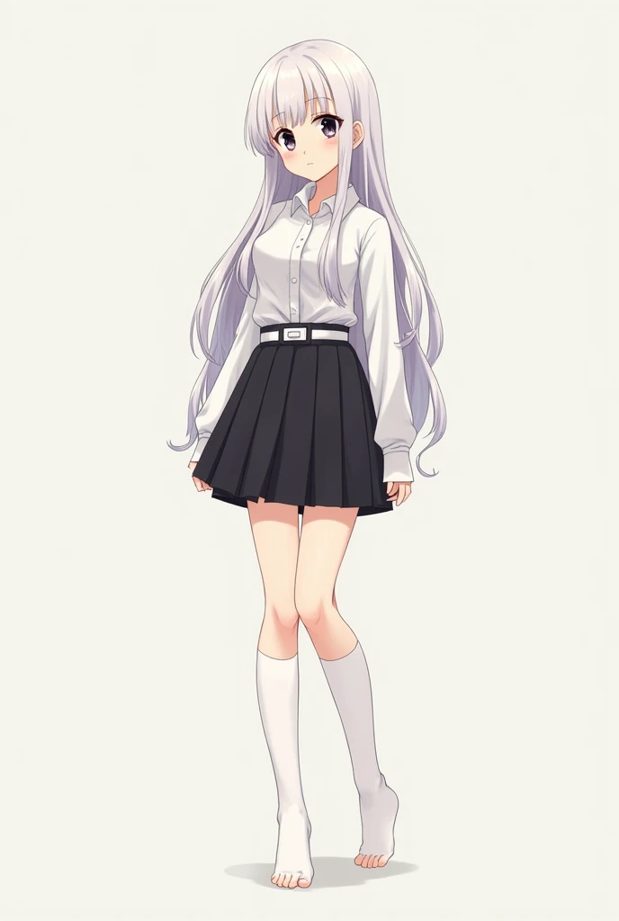masterpiece, best quality, high resolution, white simple background, standing, slim waist, cute, sailor uniform, purple skirt, knee high long socks, (Pastel Colors: 1.3), full body